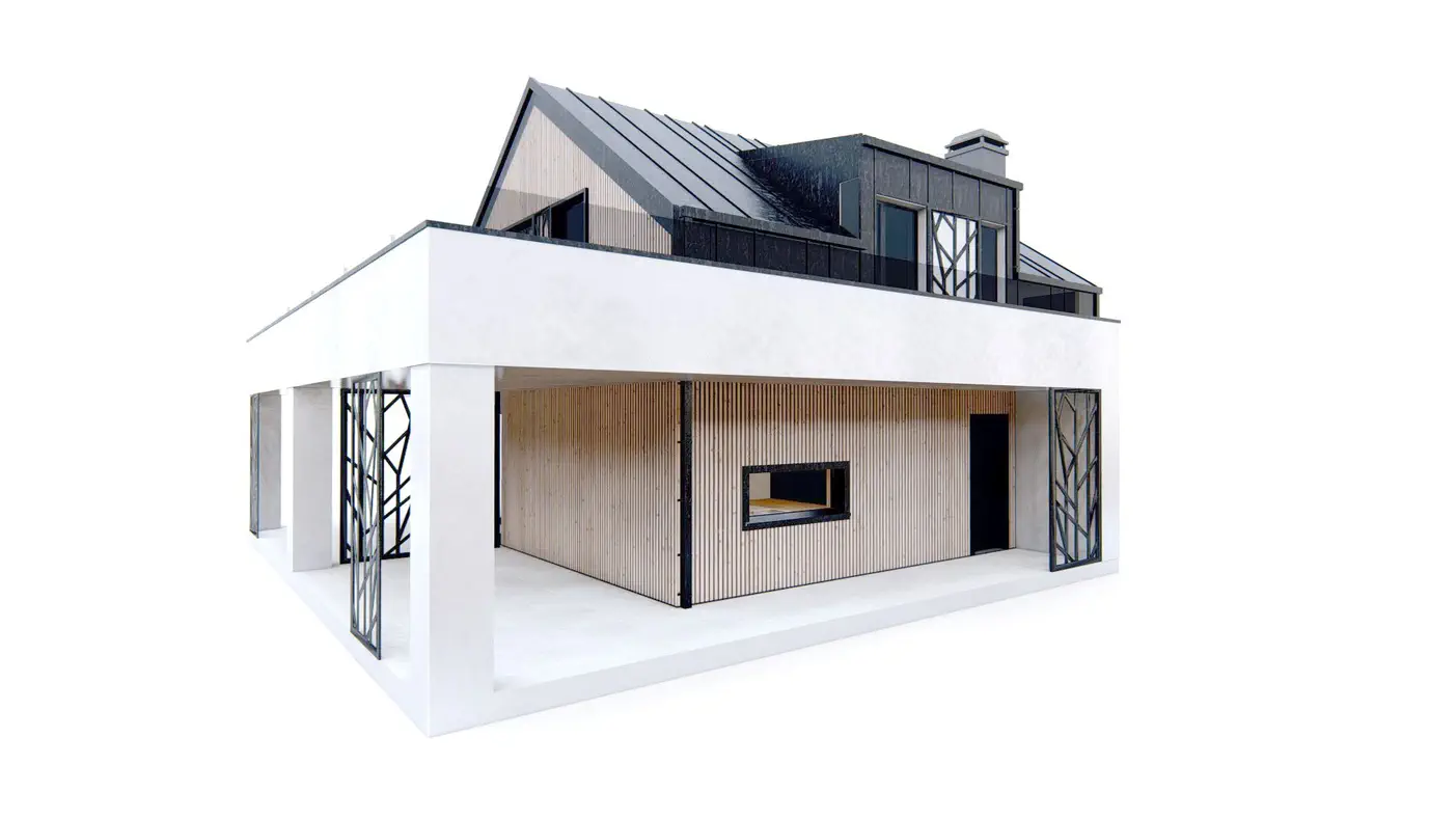 Mājas projekts - Mūsdienīga divstāvu māja ar plašu dzīvojamo zonu un lielu terasi - Zb32