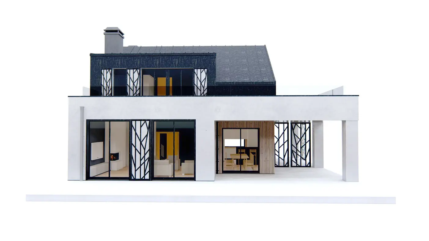 Mājas projekts - Mūsdienīga divstāvu māja ar plašu dzīvojamo zonu un lielu terasi - Zb32