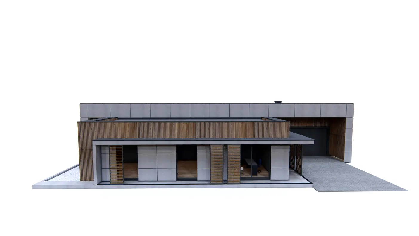 Gotowy projekt domu  - Dom parterowy z 3 pokojami oraz strefą dzienną i garażem 2 stanowiskowym.