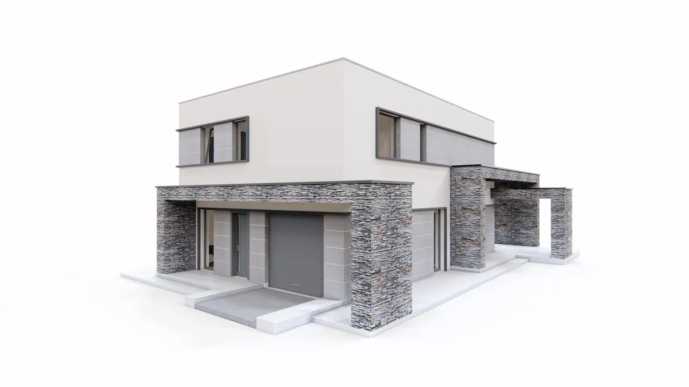 Zx164 to wyjątkowy dom z kategorii projekty domów nowoczesnych Gotowy projekt domu - Nowoczesny dom piętrowy z dachem płaskim, garażem oraz gabinetem na parterze.