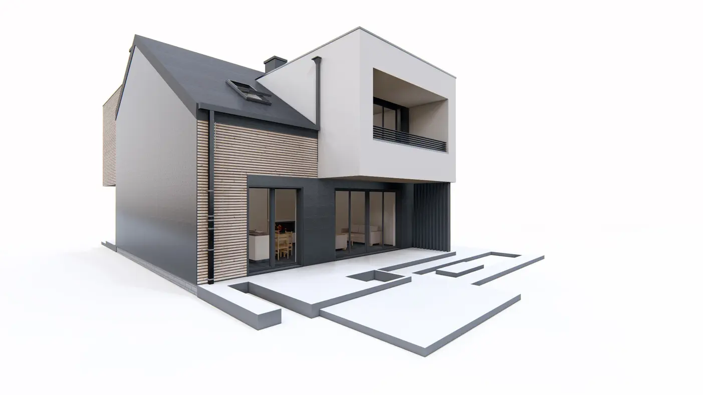 Gotowy projekt domu  - Dom do zabudowy szeregowej lub bliźniaczej z nowoczesnymi lukarnami i garażem.