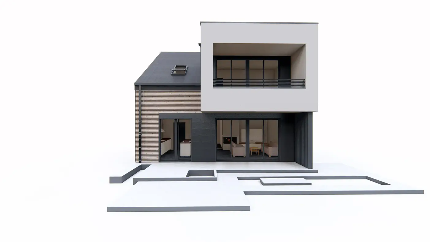 Gotowy projekt domu  - Dom do zabudowy szeregowej lub bliźniaczej z nowoczesnymi lukarnami i garażem.