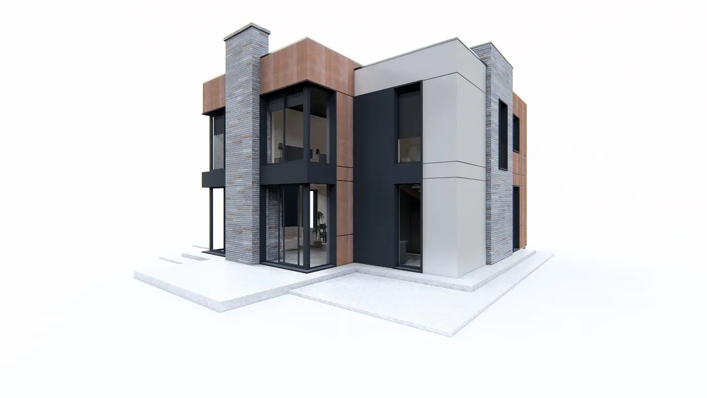 Gotowy projekt domu  - Nowoczesny dom piętrowy z płaskim dachem, gabinetem na parterze i 3 sypialniami.