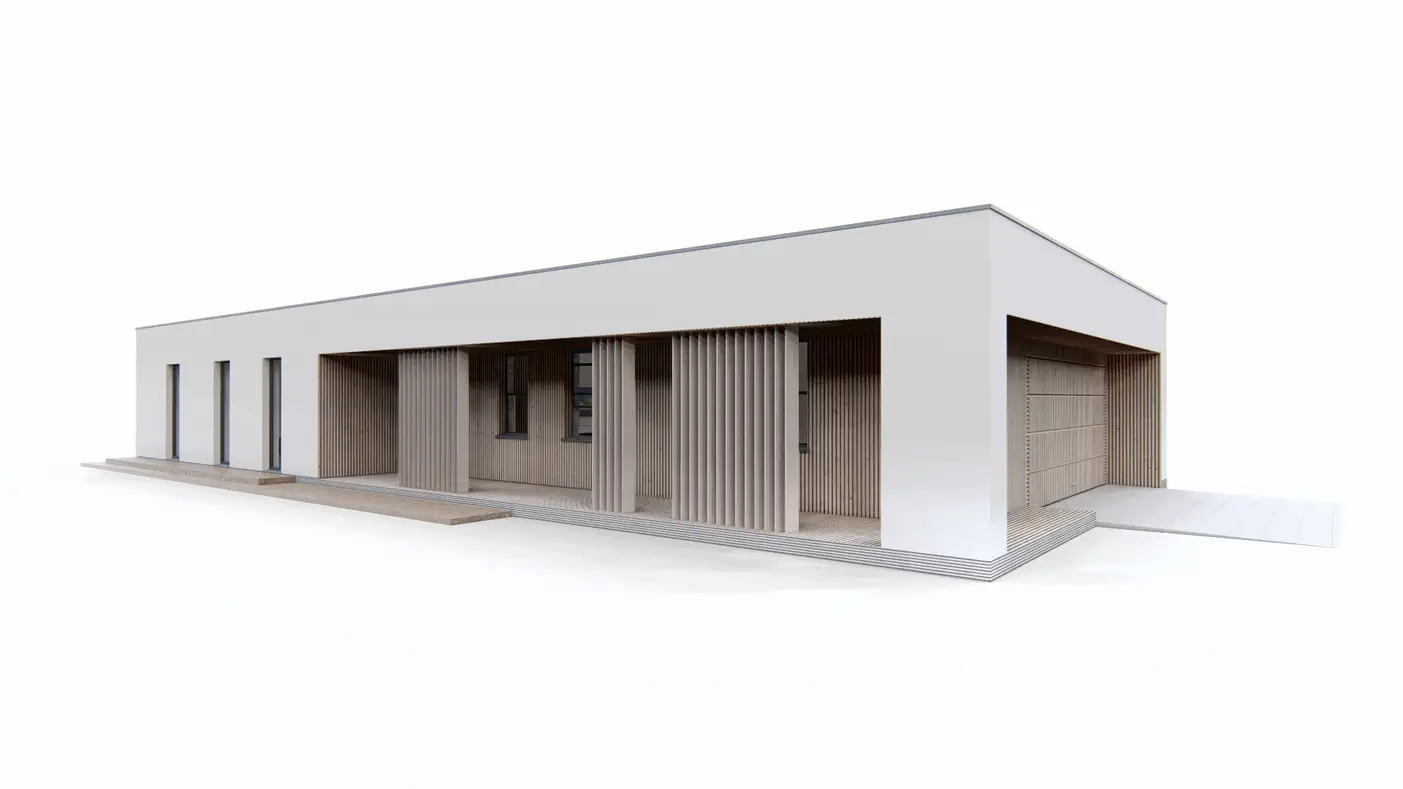 Gotowy projekt domu  - Nowoczesny dom parterowy z dużymi przeszkleniami oraz garażem 2-stanowiskowym.