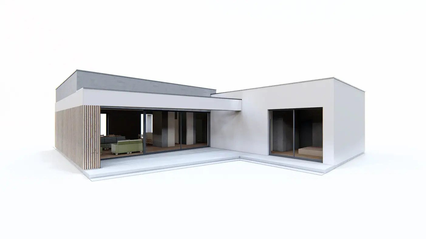 Gotowy projekt domu  - Nowoczesny parterowy dom z dużymi przeszkleniami i wiatą na 2 samochody.