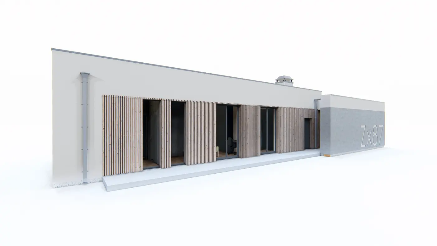 Gotowy projekt domu  - Nowoczesny parterowy dom z dużymi przeszkleniami i wiatą na 2 samochody.