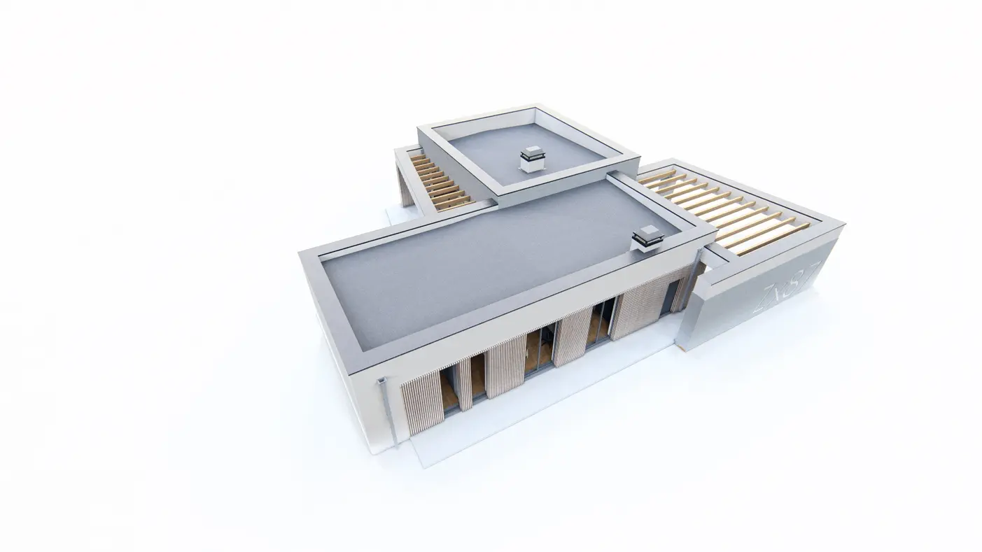 Gotowy projekt domu  - Nowoczesny parterowy dom z dużymi przeszkleniami i wiatą na 2 samochody.