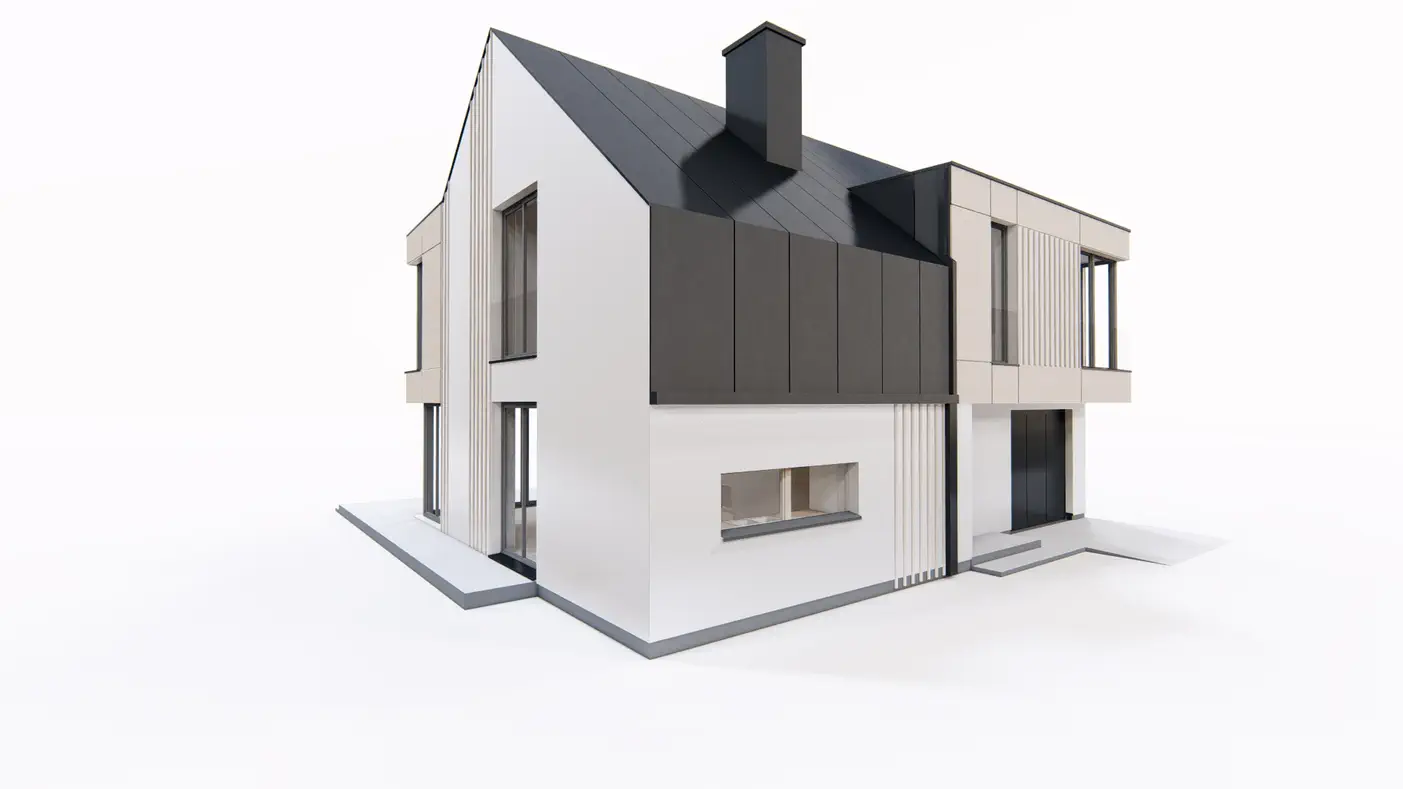 Z408 to wyjątkowy dom z kategorii projekty domów jednorodzinnych Gotowy projekt domu - Dom z poddaszem użytkowym, nowoczesną lukarną, garażem i schowkiem na rowery.