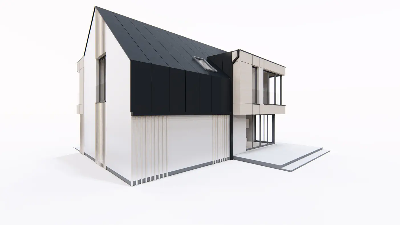 Z408 to wyjątkowy dom z kategorii projekty domów do 150 m2 Gotowy projekt domu - Dom z poddaszem użytkowym, nowoczesną lukarną, garażem i schowkiem na rowery.