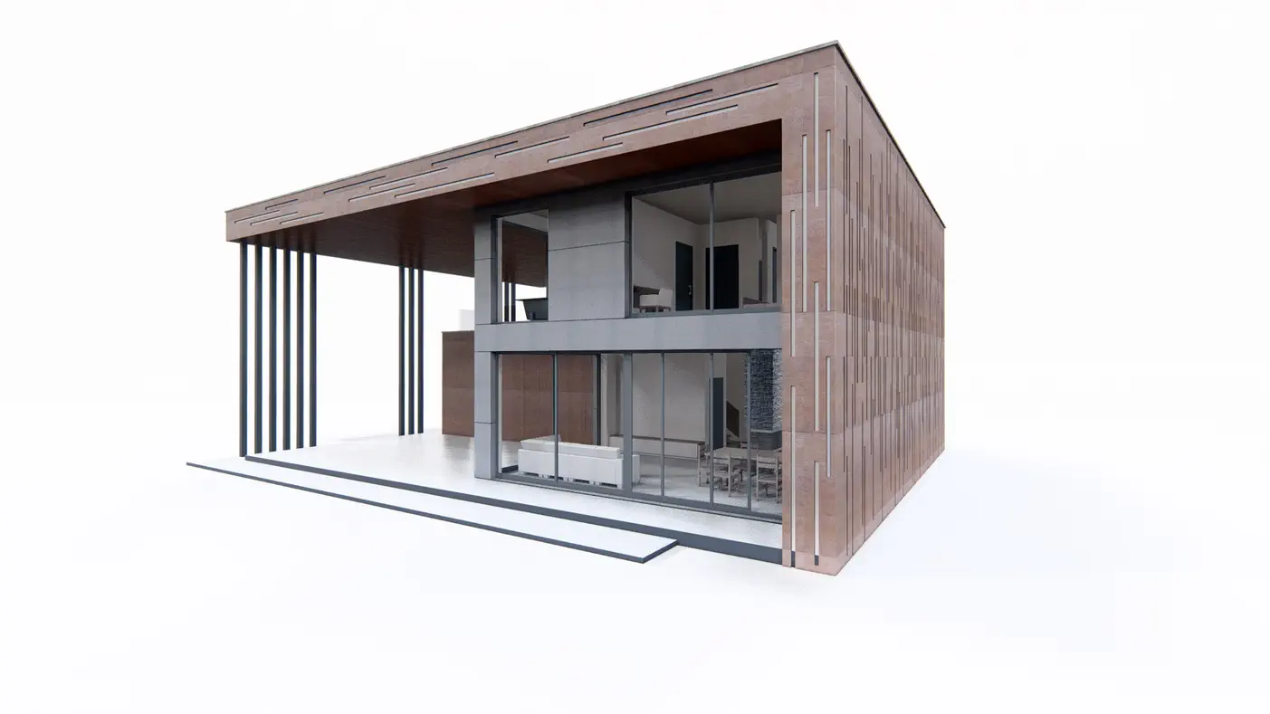 Gotowy projekt domu  - Nowoczesny dom piętrowy z płaskim dachem, wiatą na 2 auta oraz gabinetem.