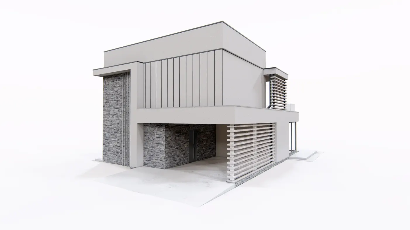 Gotowy projekt domu  - Wspaniały piętrowy dom z dachem płaskim oraz wiatą garażową