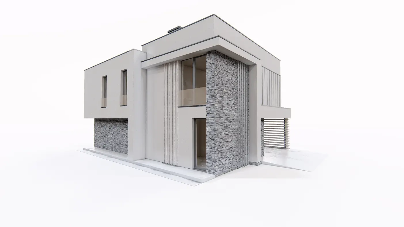 Gotowy projekt domu  - Wspaniały piętrowy dom z dachem płaskim oraz wiatą garażową