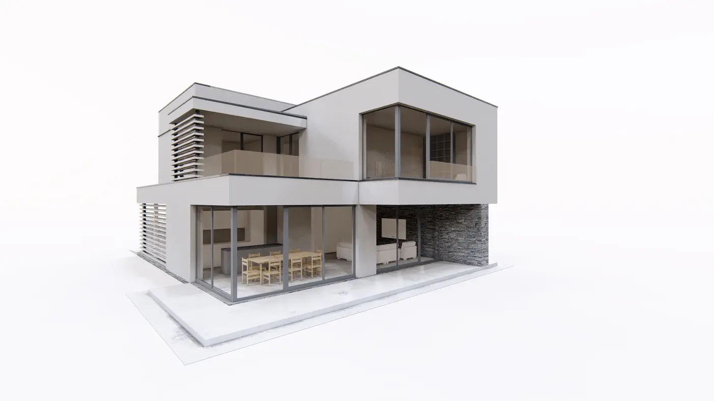 Gotowy projekt domu  - Wspaniały piętrowy dom z dachem płaskim oraz wiatą garażową