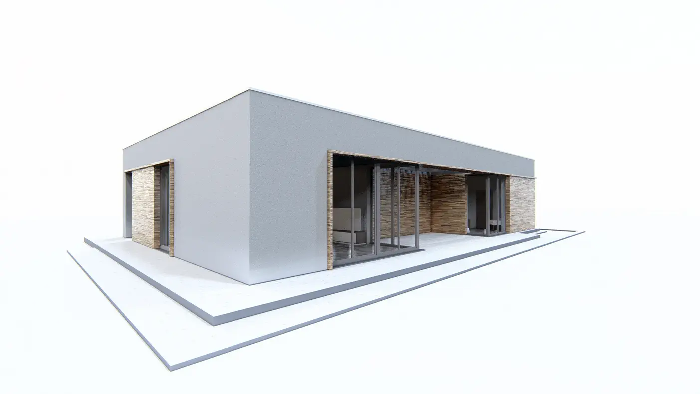 Gotowy projekt domu  - Dom parterowy z płaskim dachem,trzema sypialniami, zadaszonym tarasem i wejściem