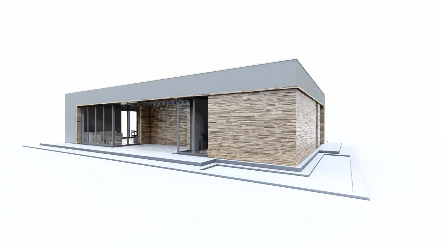 Gotowy projekt domu  - Dom parterowy z płaskim dachem,trzema sypialniami, zadaszonym tarasem i wejściem