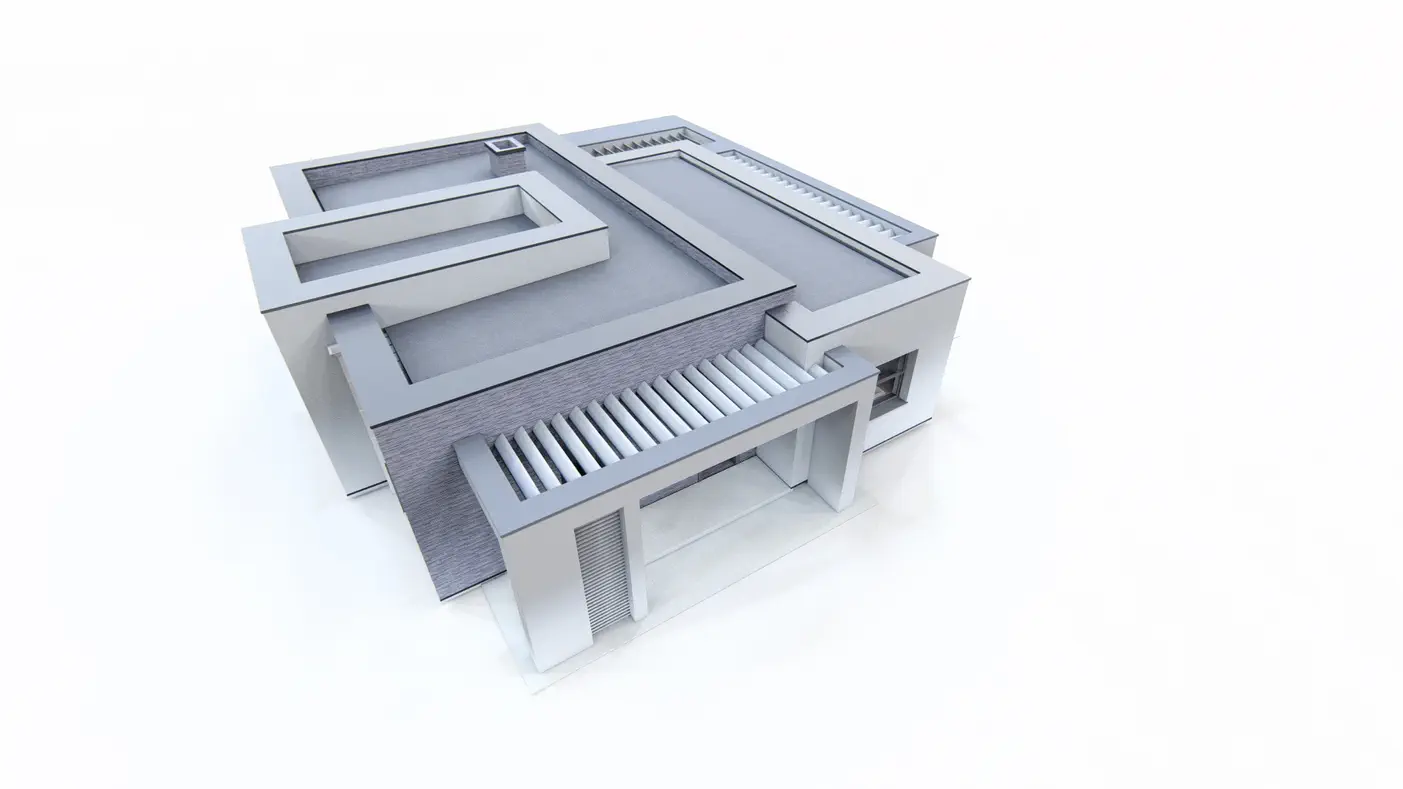 Gotowy projekt domu  - Parterowy dom nowoczesny z 3 pokojami, salonem i zadaszonym tarasem.