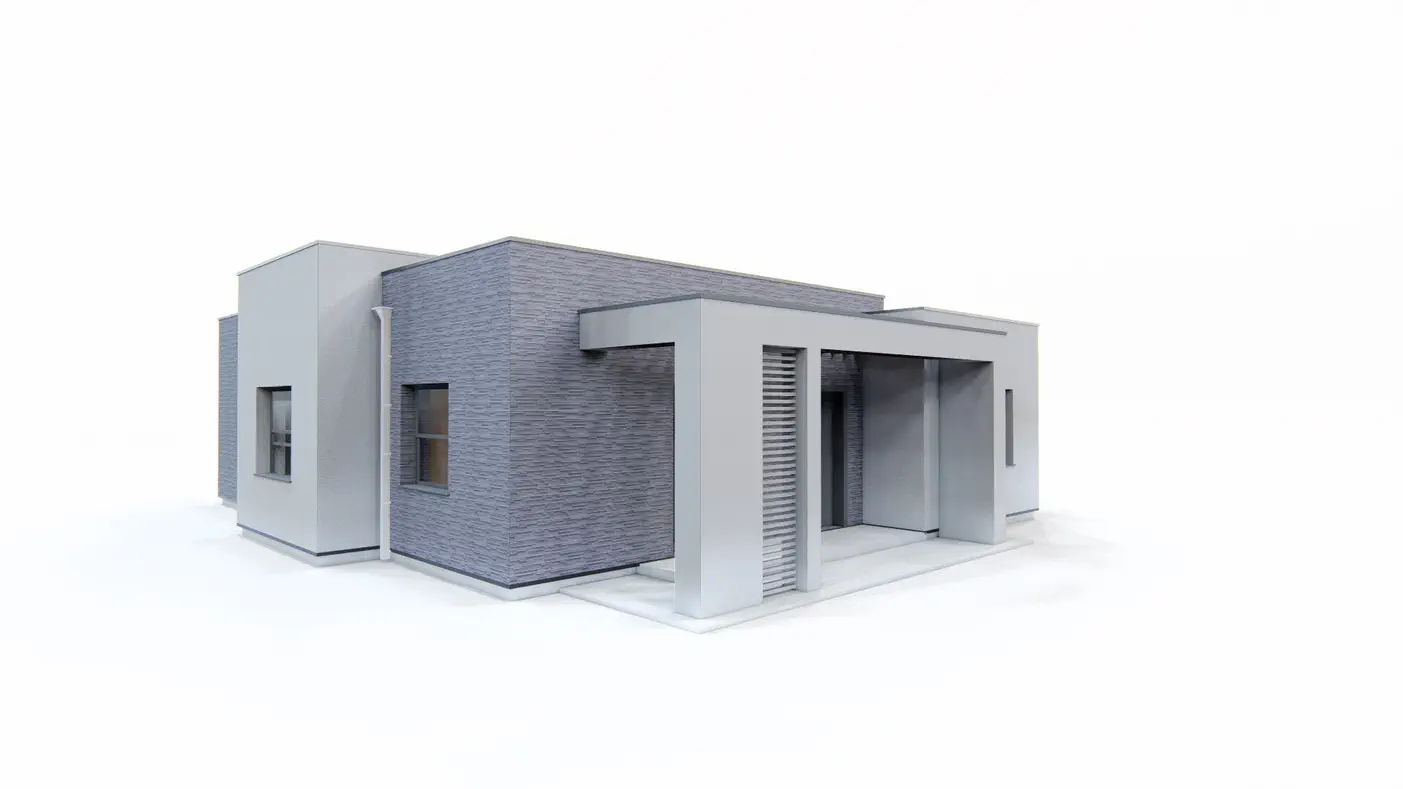 Gotowy projekt domu  - Parterowy dom nowoczesny z 3 pokojami, salonem i zadaszonym tarasem.