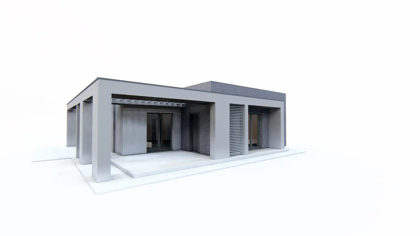 Gotowy projekt domu  - Parterowy dom nowoczesny z 3 pokojami, salonem i zadaszonym tarasem.