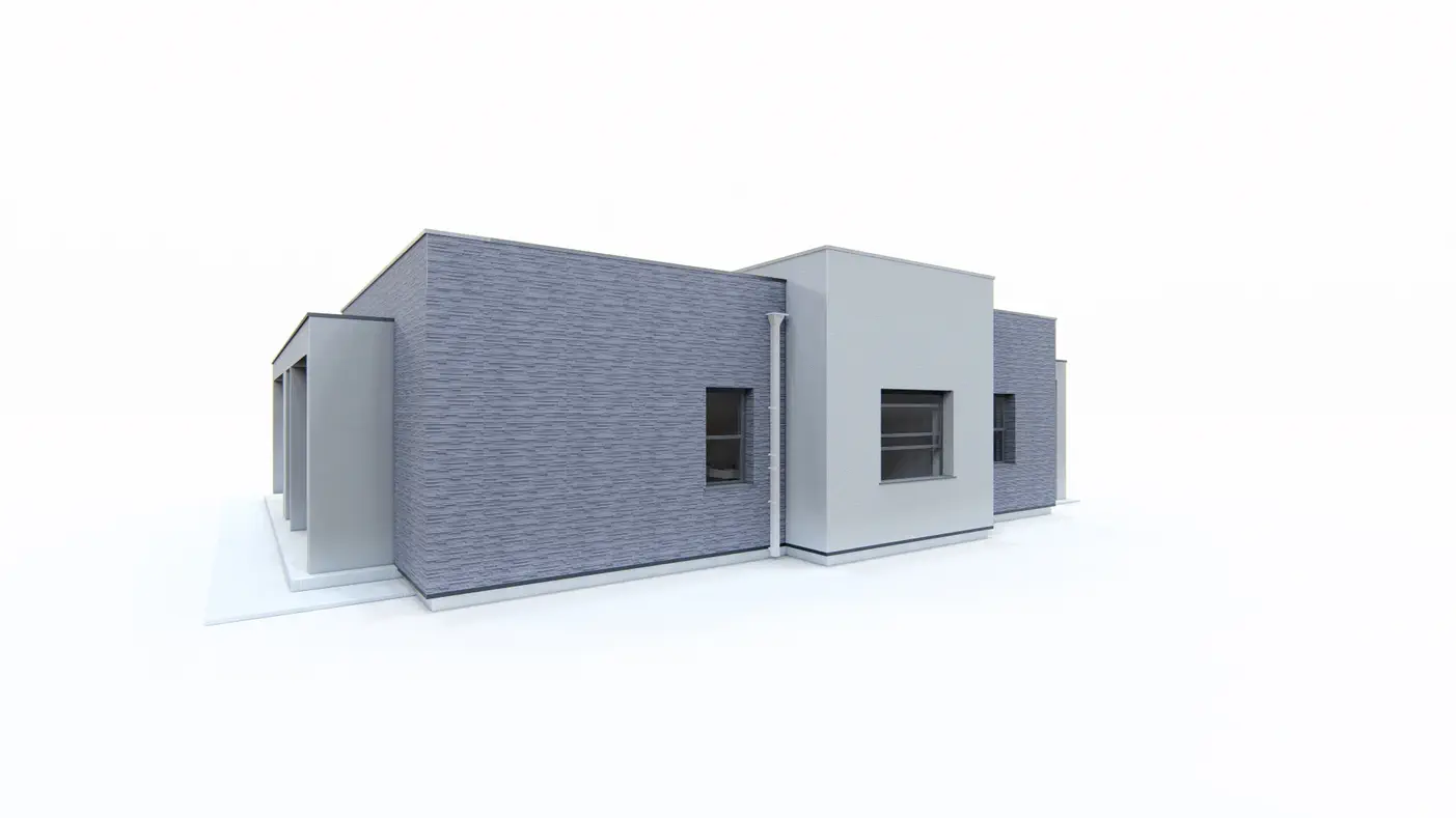 Gotowy projekt domu  - Parterowy dom nowoczesny z 3 pokojami, salonem i zadaszonym tarasem.