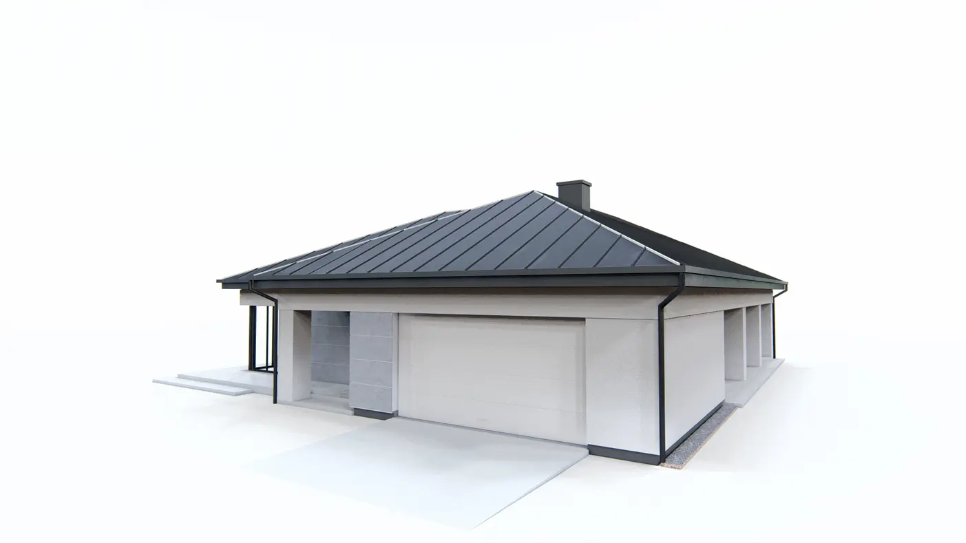 Gotowy projekt domu  - Dom parterowy z dachem wielospadowym, garażem i 3 sypialniami.