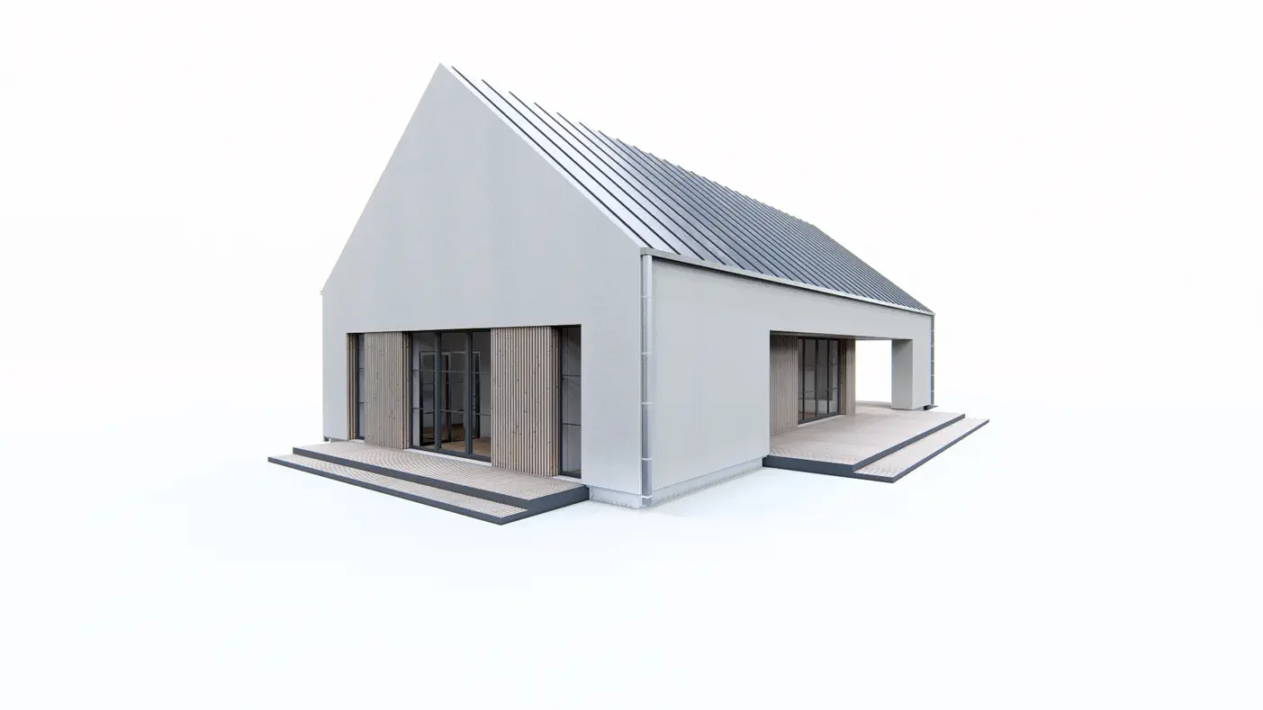 Gotowy projekt domu  - Dom parterowy nowoczesna stodoła z dachem 2-spadowym, sypialnią master i pralnią