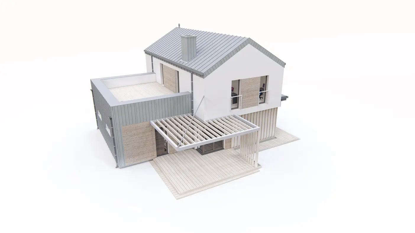 Gotowy projekt domu  - Dom z wysokim garażem h=3,2 m, pełnym piętrem, gabinetem na parterze. Dom 140 m2