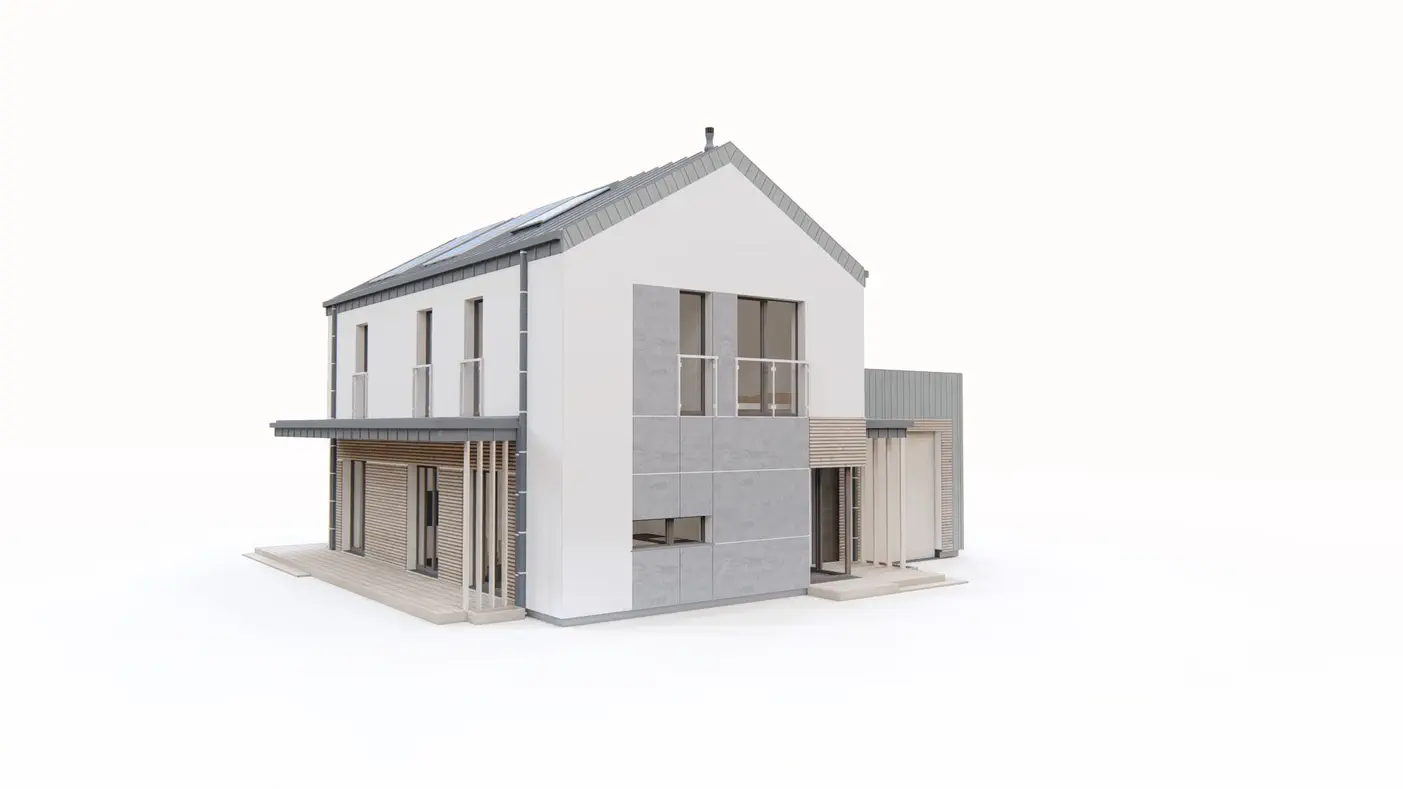 Gotowy projekt domu  - Dom z wysokim garażem h=3,2 m, pełnym piętrem, gabinetem na parterze. Dom 140 m2