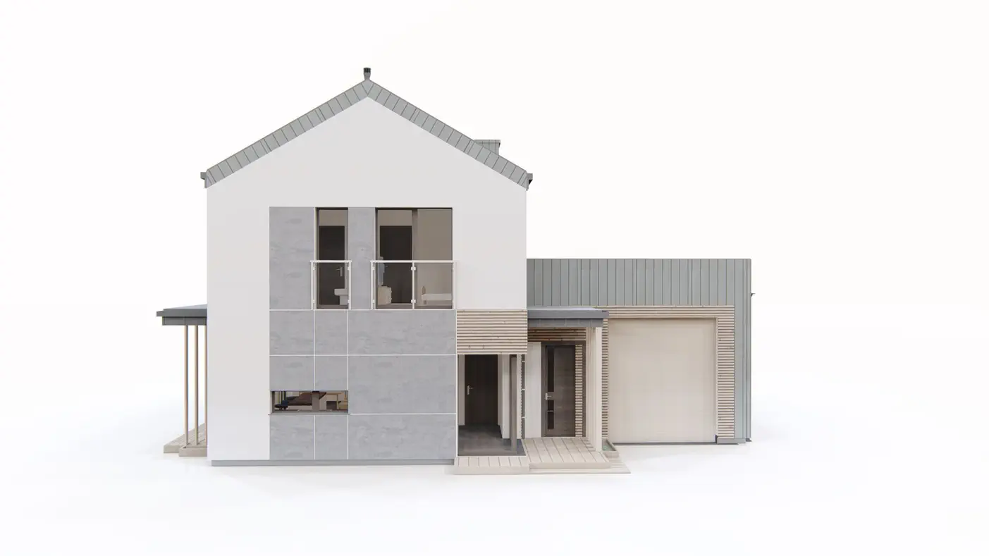 Gotowy projekt domu  - Dom z wysokim garażem h=3,2 m, pełnym piętrem, gabinetem na parterze. Dom 140 m2