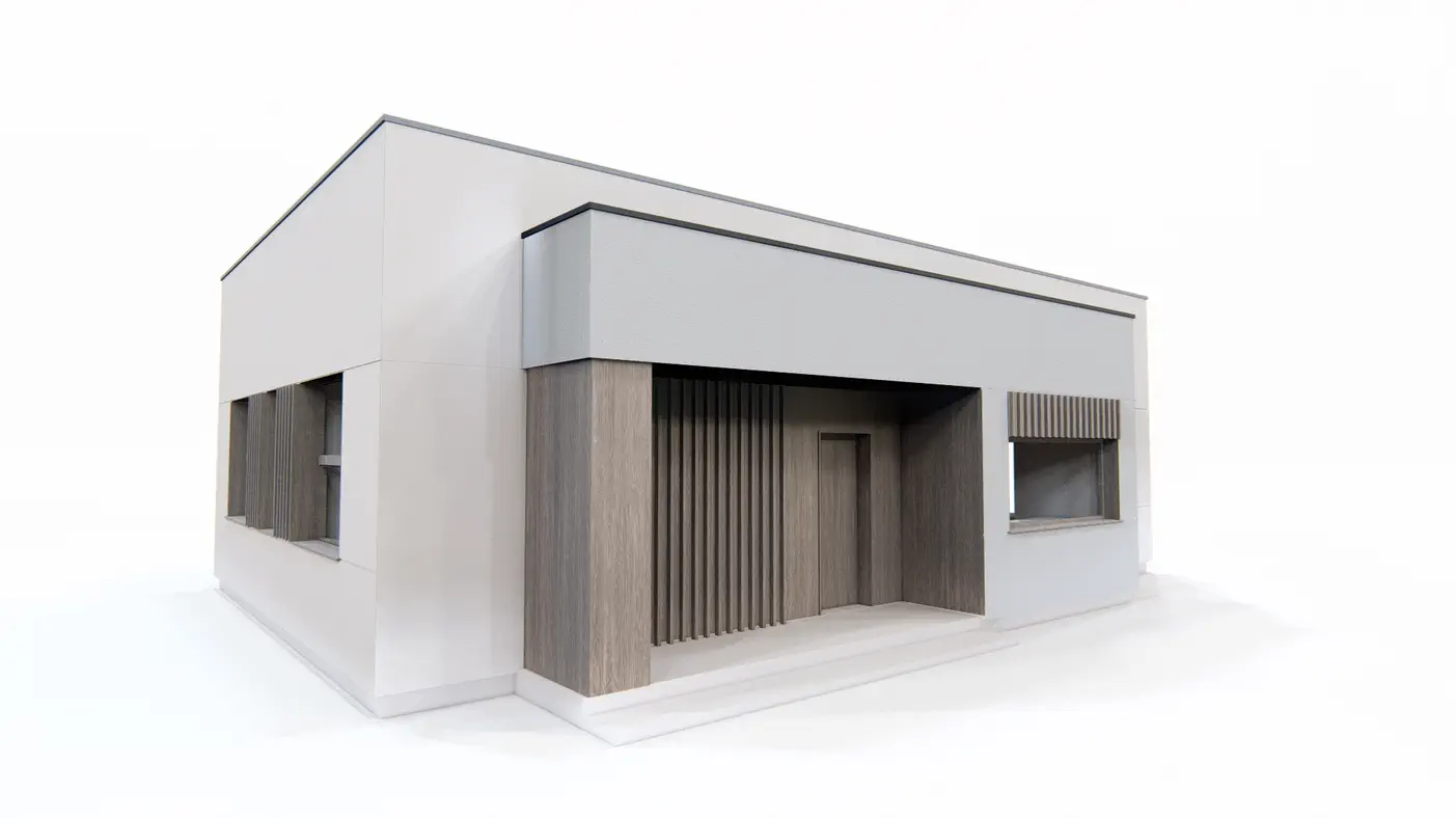 Gotowy projekt domu  - Parterowy nowoczesny dom z 4 pokojami z salonem oraz zadaszonym tarasem.