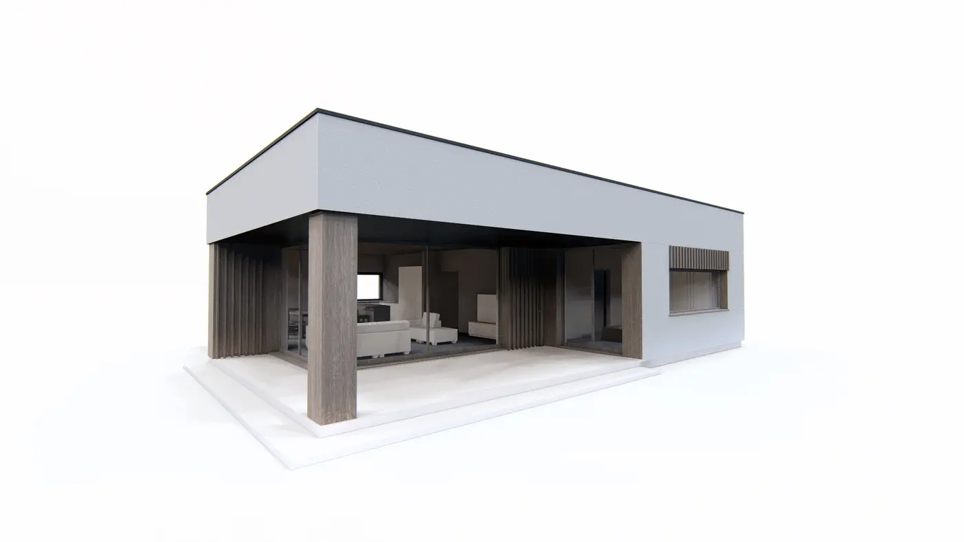 Gotowy projekt domu  - Parterowy nowoczesny dom z 4 pokojami z salonem oraz zadaszonym tarasem.