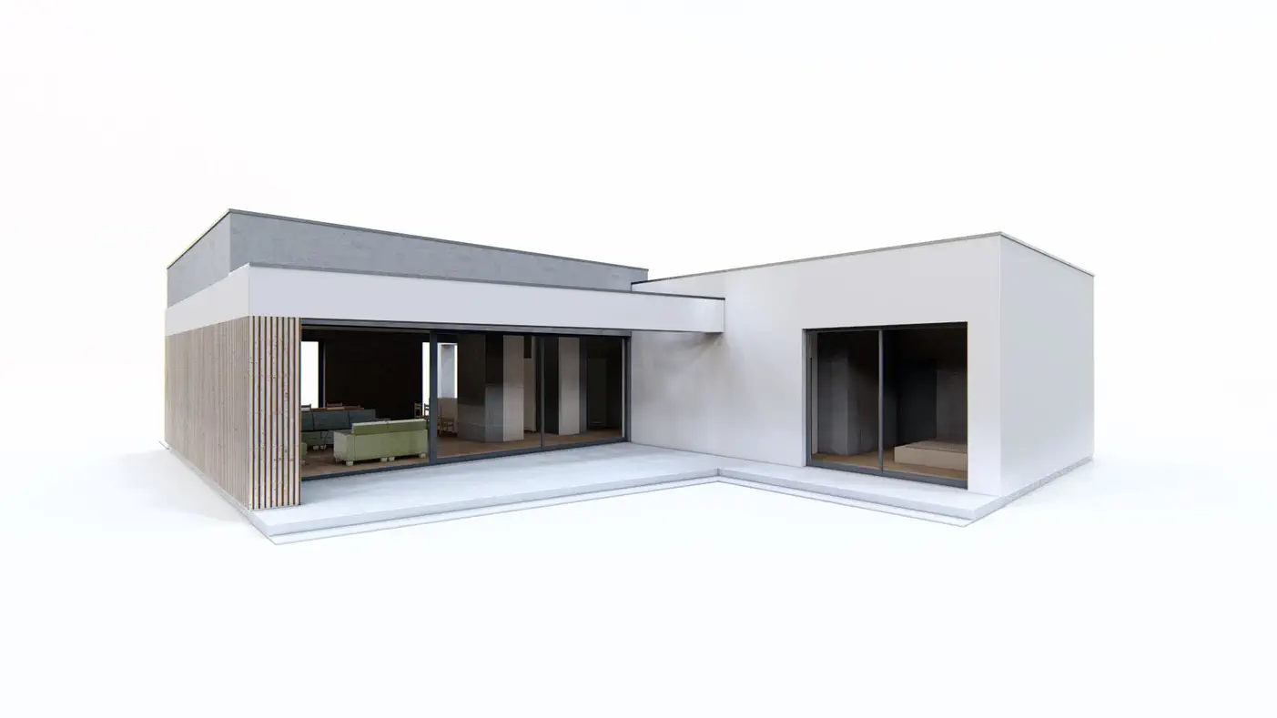 Mājas projekts  - Moderna vienstāvu māja ar plašu stiklojumu un auto novietni 2 automašīnām - Zx87