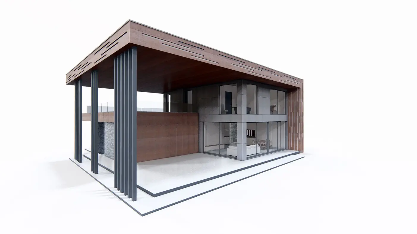 Mājas projekts  - Moderna divstāvu māja ar plakanu jumtu un auto novietni 2 automašīnām - Zx167