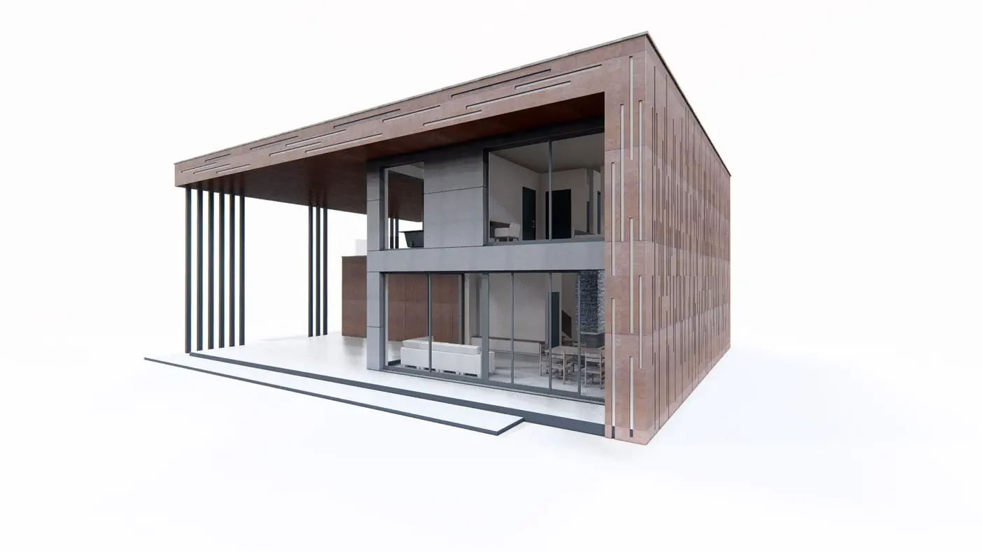 Mājas projekts  - Moderna divstāvu māja ar plakanu jumtu un auto novietni 2 automašīnām - Zx167