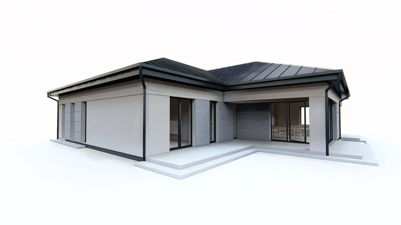 Mājas projekts  - Dom parterowy z dachem wielospadowym, garażem i 3 sypialniami.