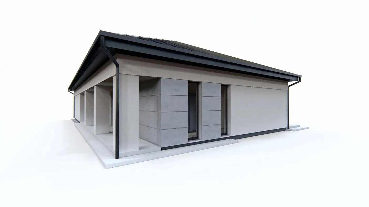 Mājas projekts  - Dom parterowy z dachem wielospadowym, garażem i 3 sypialniami.