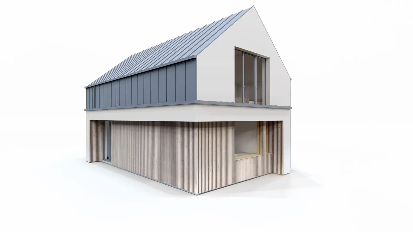 Gotowy projekt domu  - Dom parterowy z poddaszem użytkowym na planie prostokąta z 3 sypialniami.