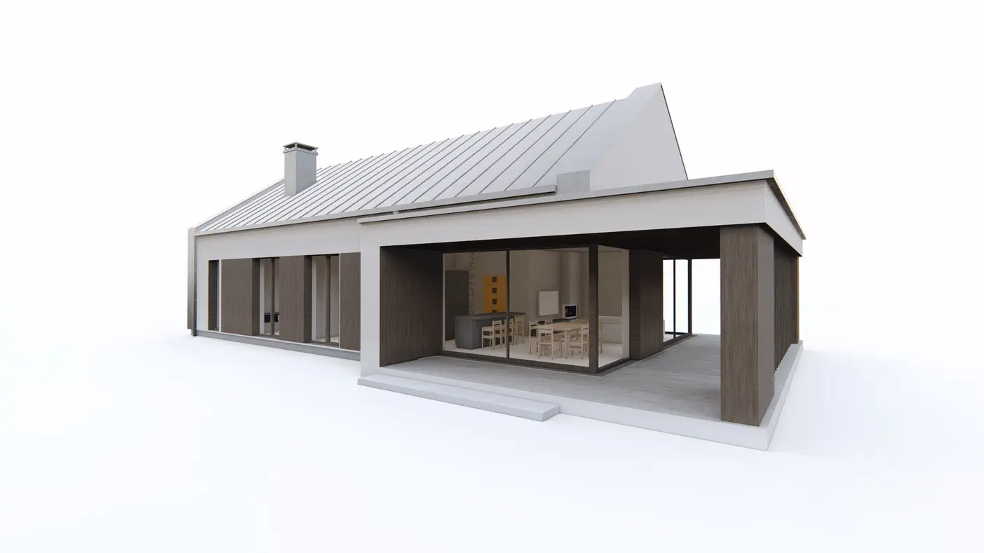 Home project  - Parterowy dom z dachem 2-spadowym, 3 sypialniami oraz dużym zadaszonym tarasem.