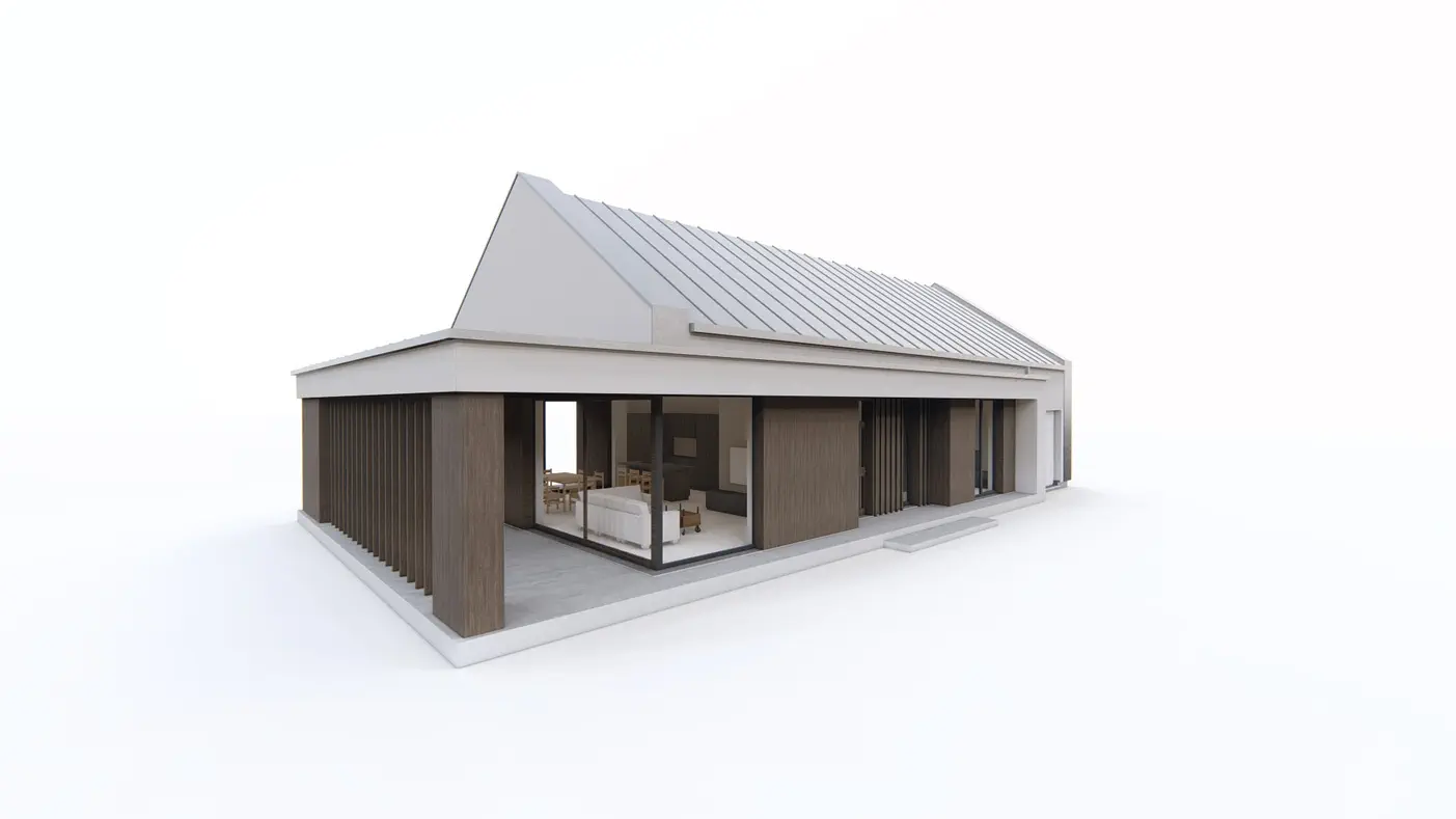 Home project  - Parterowy dom z dachem 2-spadowym, 3 sypialniami oraz dużym zadaszonym tarasem.