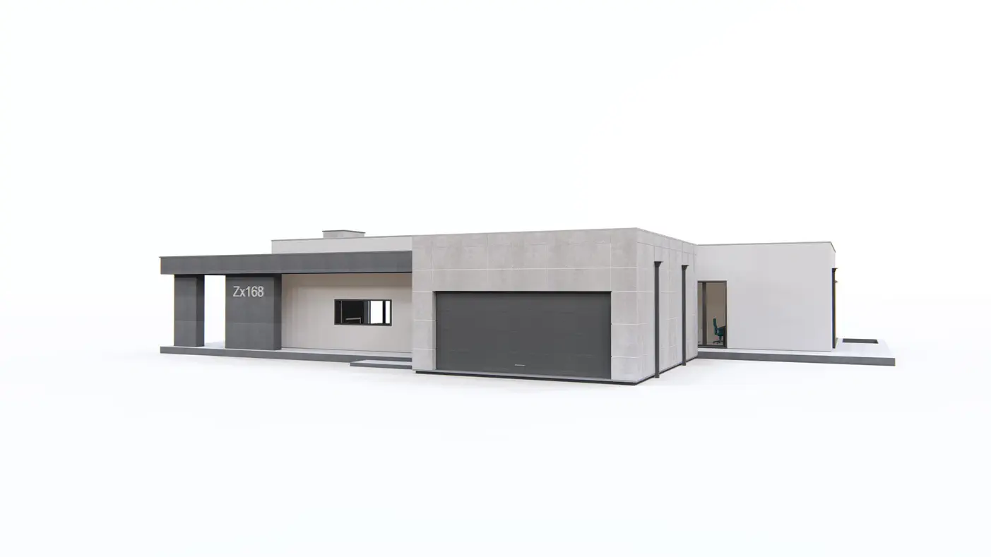 Gotowy projekt domu  - Nowoczesny dom parterowy z płaskim dachem, 4 sypialnie, przeszklenia i tarasy.