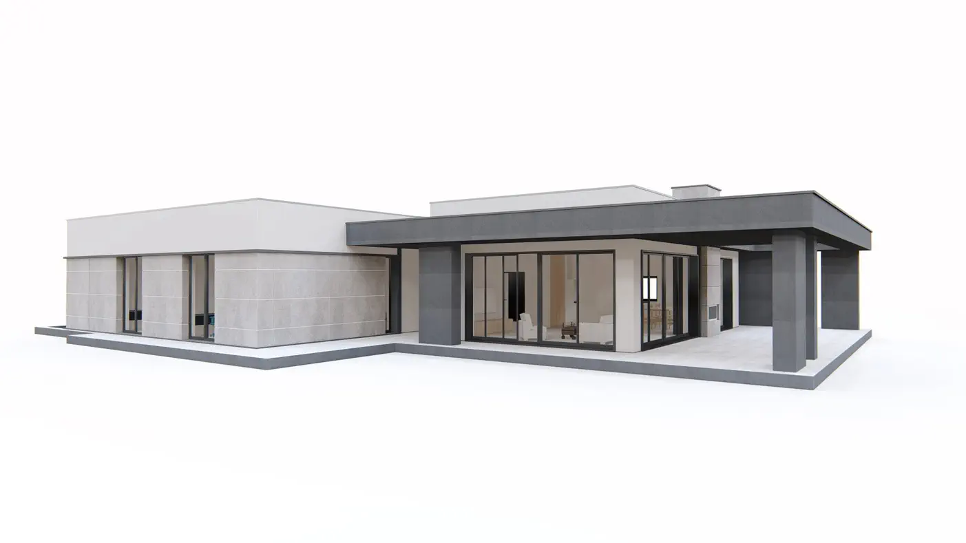 Gotowy projekt domu  - Nowoczesny dom parterowy z płaskim dachem, 4 sypialnie, przeszklenia i tarasy.