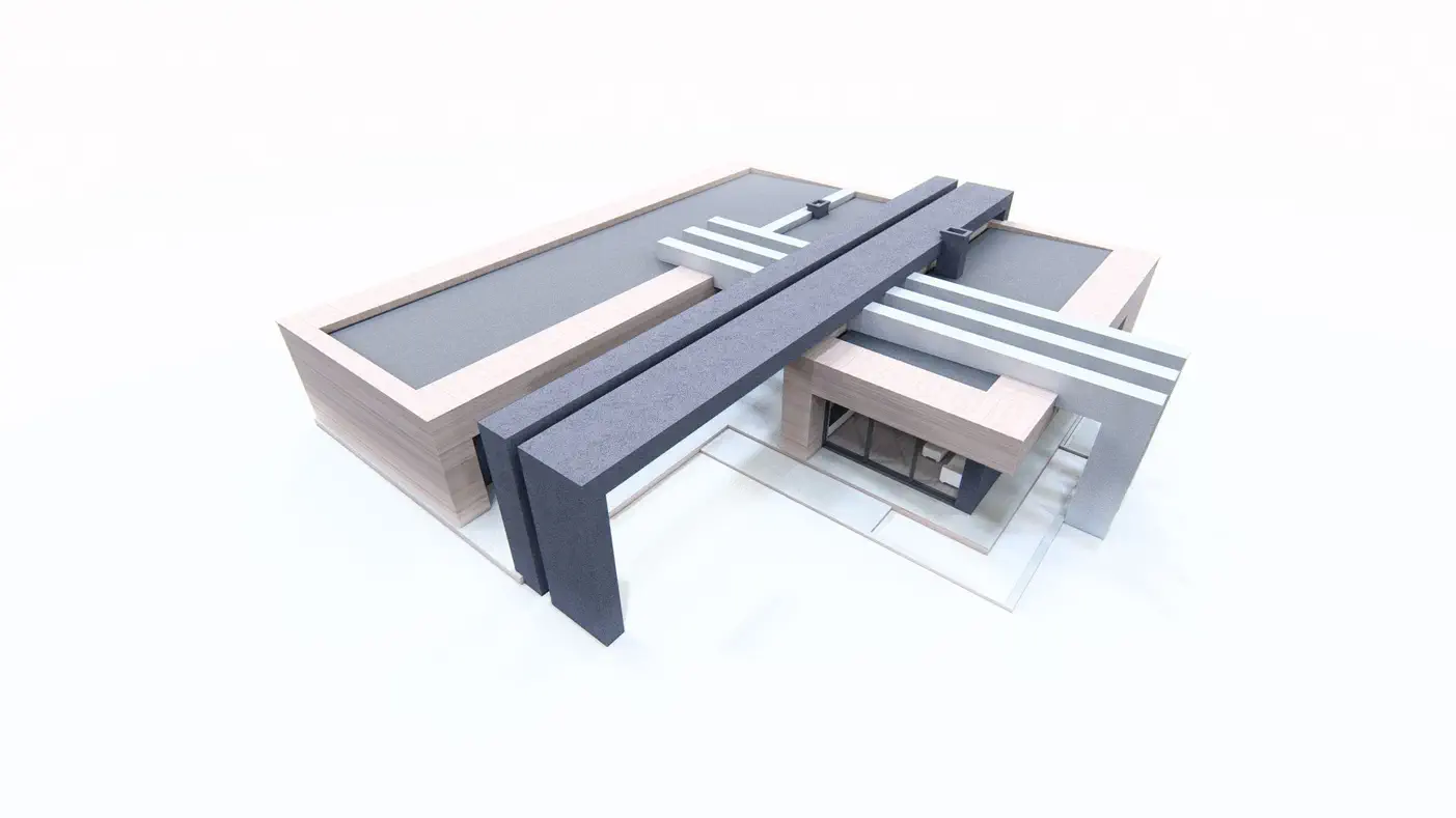 Namo projektas  - U formos vienaukštis namas su dviviečiu garažu