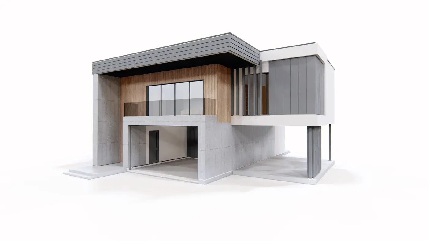 Namo projektas  - Modernus namas su didele terasa, dviviečiu garažu ir aikštele automobiliui