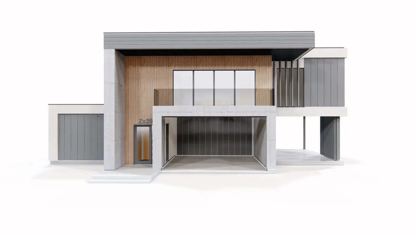 Namo projektas  - Modernus namas su didele terasa, dviviečiu garažu ir aikštele automobiliui