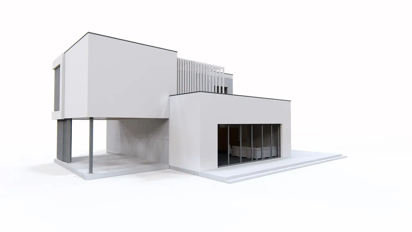 Namo projektas  - Modernus namas su didele terasa, dviviečiu garažu ir aikštele automobiliui