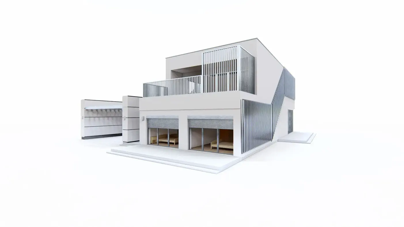 Namo projektas  - Modernus dvibutis namas su atskiru įėjimu, terasa ir aikštele automobiliams