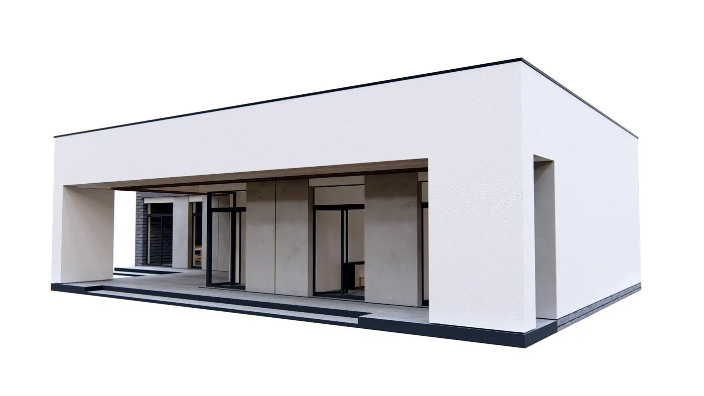 Namo projektas  - Modernus vieno aukšto namas su dviviečiu garažu automobiliams ir dengta terasa