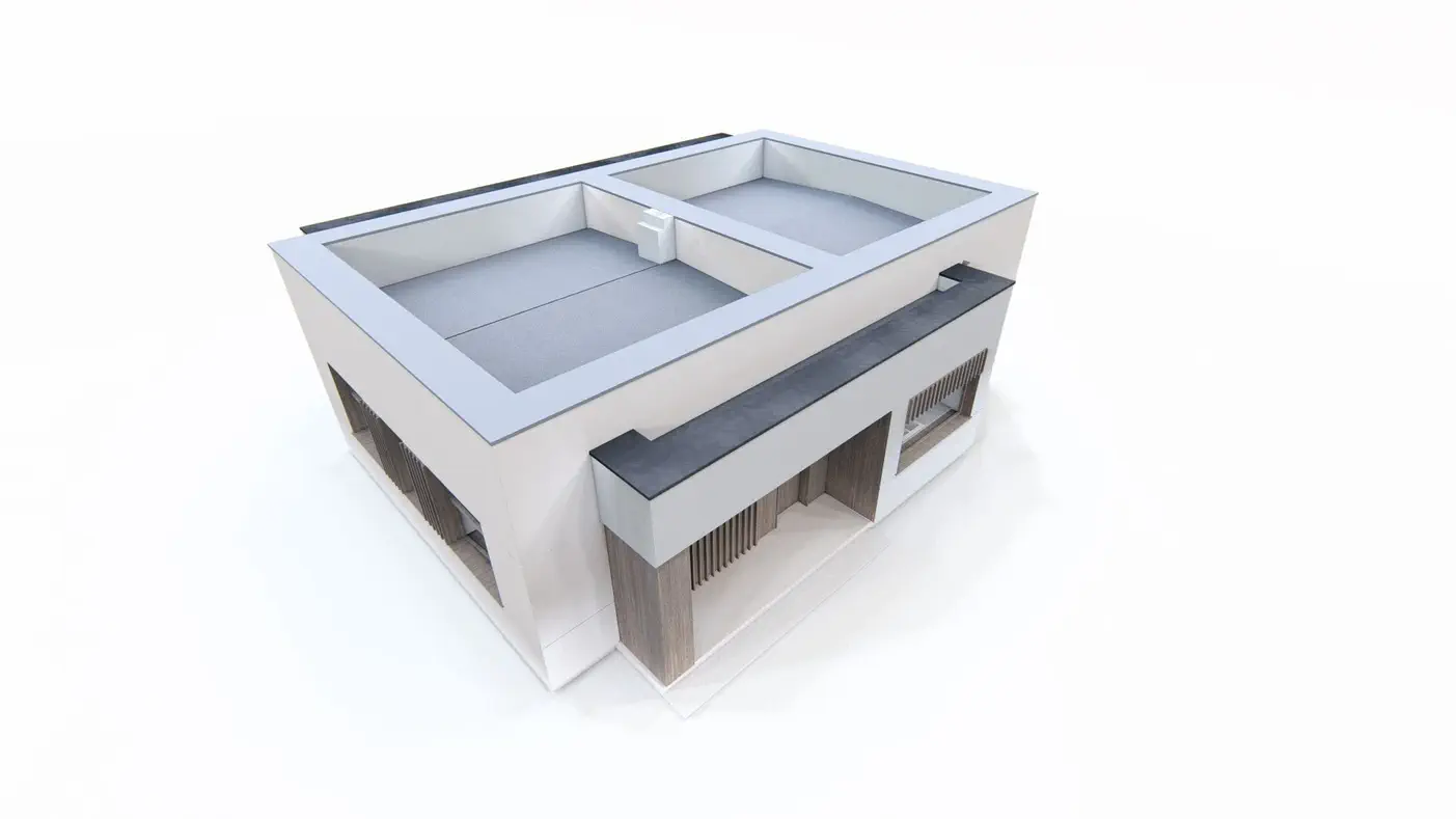 Namo projektas  - Vieno aukšto modernus namas su 4 kambariais, svetaine ir dengta terasa