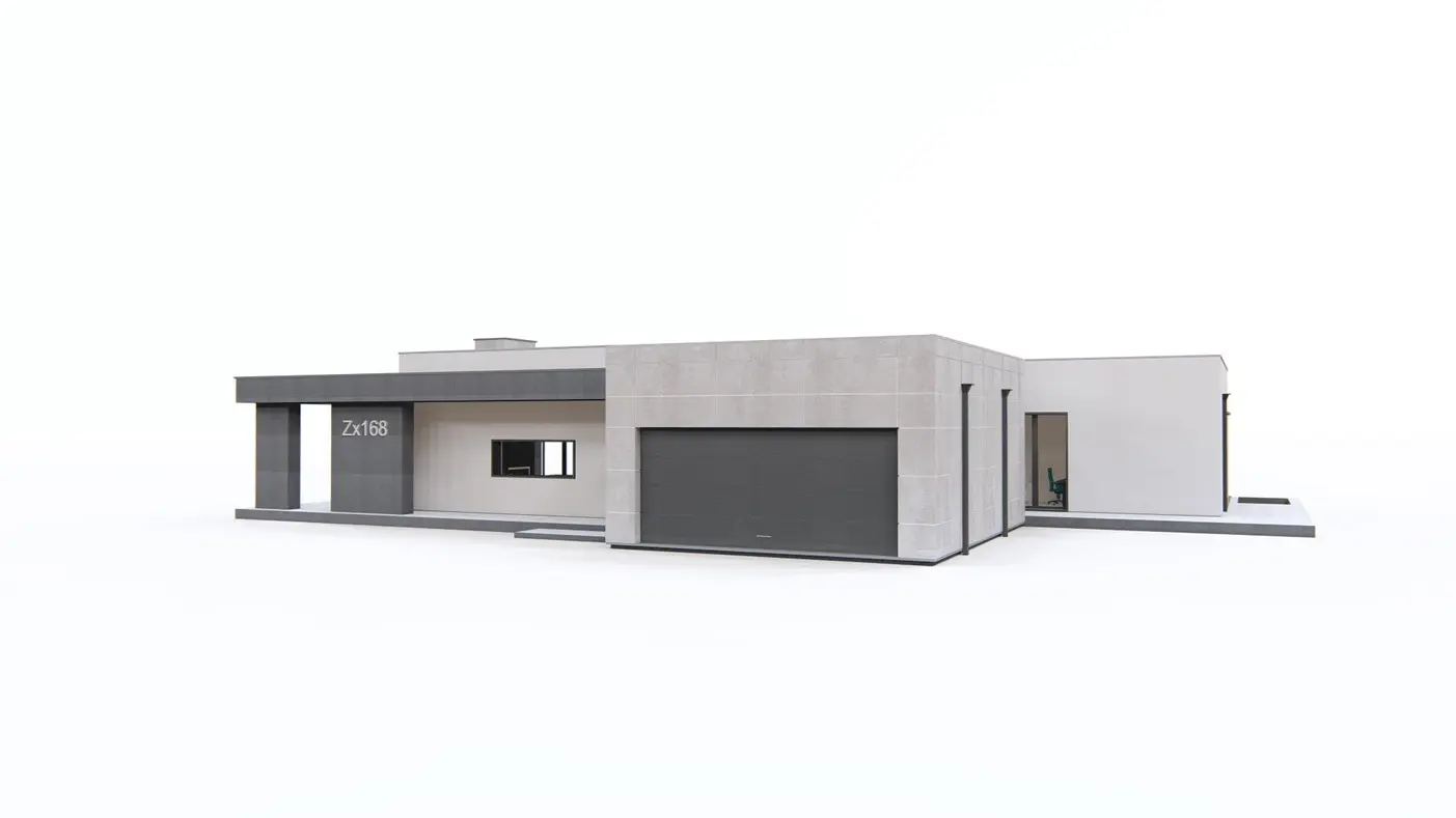 Namo projektas  - Modernus vieno aukšto namas su aiškiais zonų padalijimais ir išoriniu židiniu.