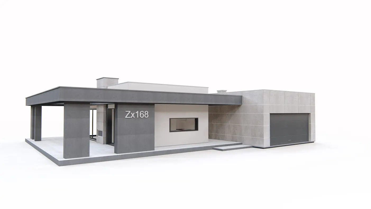 Namo projektas  - Modernus vieno aukšto namas su aiškiais zonų padalijimais ir išoriniu židiniu.