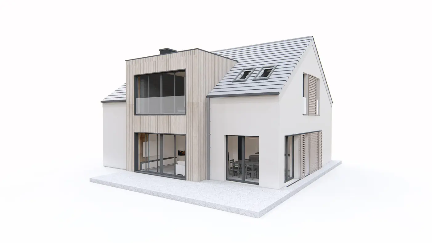 Gotowy projekt domu  - Nowoczesny dom z poddaszem, gabinetem, efektowną lukarną i dużymi przeszkleniami